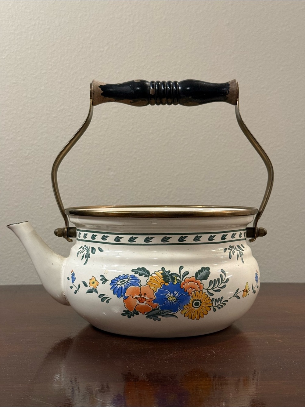 Vintage Floral Enamel Teapot - White with Blue & Orange Flowers